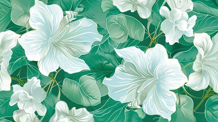 Canvas Print - Elegant white hibiscus flowers and lush green leaves with intricate details