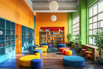 mockup colourfull school library room interior. 3D rendering