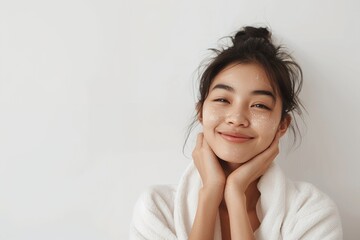 Poster - **beautiful young asian woman with clean fresh skin on white background, spa and beauty concept, smiling model in bathrobe isolated on white studio background copy space banner mockup**