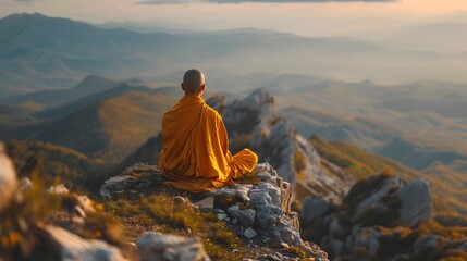 Poster - A Monk Meditating on a Picturesque Mountaintop  Embracing the Balance of Physical and Spiritual Discipline