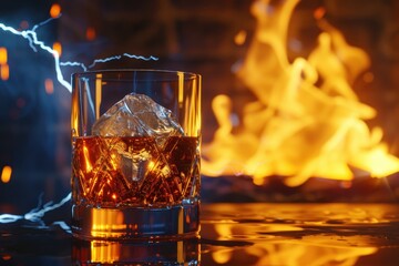 A glass of liquor with ice cubes in it is surrounded by fire