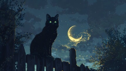 A black cat with glowing green eyes sitting on a fence under a crescent moon