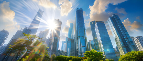 Wall Mural - tall glass skyscrapers in a modern city skyline reflecting the surrounding buildings and sky.
