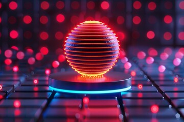 Wall Mural - abstract 3d sphere with neon lights on a grid - cyberpunk style.