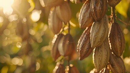 Wall Mural - A group of cacao beans hanging on strings swaying gently in the breeze as they dry on a sunny day.