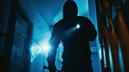silhouette of a thief in an apartment, a thief in a black balaclava there is a flashlight and a crow