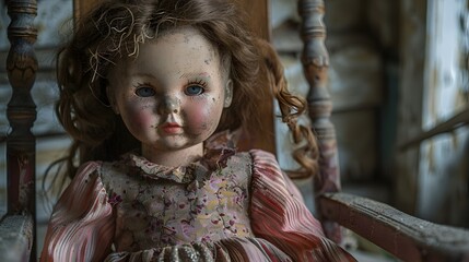 Wall Mural - A creepy doll with cracked porcelain skin sitting in an old rocking chair