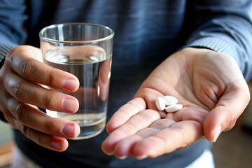 hand hold water glass and medicine pill. Taking medication