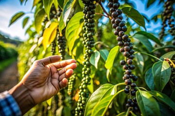 farmer hand touch black pepper hand on farm