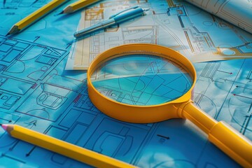 Wall Mural - A magnifying glass is on top of blue paper with drawings of buildings