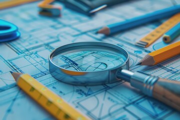 Wall Mural - A magnifying glass is on top of blue paper with drawings of buildings