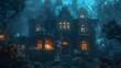 © MrBeer - A creepy haunted house with glowing windows and eerie decorations