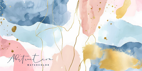 Wall Mural - watercolor art background vector. wallpaper design with paint brush and gold line art. earth tone bl