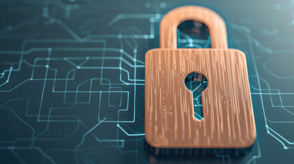 Wall Mural - Copper padlock on digital circuit background. Symbolizing cybersecurity, data protection, and privacy in the digital age. Ideal for tech concepts.