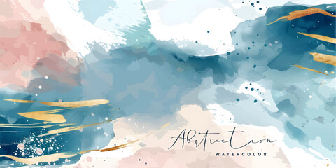Wall Mural - watercolor art background vector. wallpaper design with paint brush and gold line art. earth tone bl