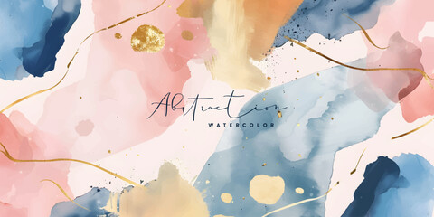 Wall Mural - watercolor art background vector. wallpaper design with paint brush and gold line art. earth tone bl