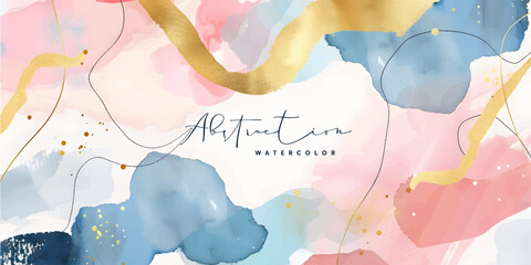 Poster - Watercolor art background vector. Wallpaper design with paint brush and gold line art. Earth tone blue, pink, ivory, beige watercolor Illustration for prints, wall art, cover and invitation cards.