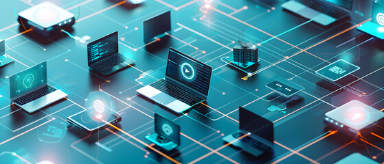 complex network of computers with colorful connections, resembling a futuristic digital landscape of