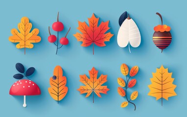 Collection of autumn leaves, berries, and a mushroom in a paper cut style.