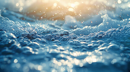 Poster - Sparkling water surface with bubbles and droplets, reflecting sunlight, creating a dynamic and refreshing aquatic scene