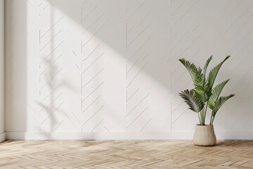 Wall Mural - White tile wall mockup with wooden floor and plant in vase on white background. Abstract interior design template for product presentation, mock up concept. Minimal style