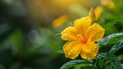 Wall Mural - Yellow flower covered in dew drops blooming in the garden