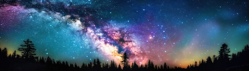 Wall Mural - A breathtaking panorama of the Milky Way galaxy stretching across the night sky, with silhouetted pine trees below in a serene forest landscape.