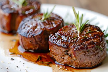 A perfectly grilled and tender filet mignon, showcasing the rich colors of its marbling and seared edges on top with rosemary sprigs, garnished elegantly against a backdrop of an elegant dining table.