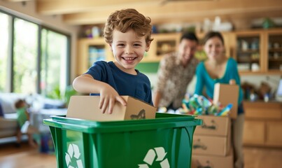 A family is sorting recyclables at home