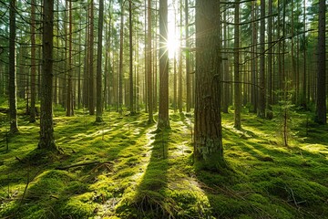 dense pine forest in sweden with tall trees and moss-covered ground, sunlight casting long shadows o