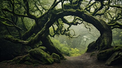 Wall Mural - A mesmerizing view of twisted trees in an ancient forest. Magical Forest