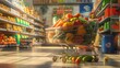 © nur - Illustration of a shopping trolley full of groceries with a supermarket in the background