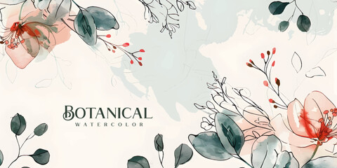 Wall Mural - floral hand drawn background. botanical line art wallpaper with flowers, branches and leaves. design