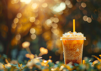 Wall Mural - A plastic cup of iced coffee with a bokeh background in sunlight