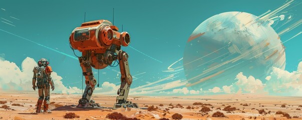 Wall Mural - retro-futuristic robot exploring desolate planet with pixelated form