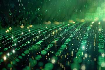 Green dark binary code data streaming background created with Generative AI