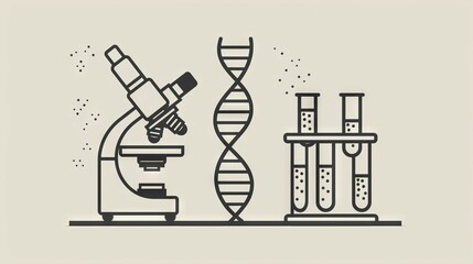 Wall Mural - microscope, dna, and test tubes. scientific illustration of a microscope, dna helix, and test tubes.
