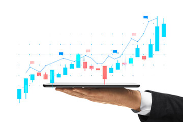 Fototapete - Hand holding a tablet showing a colorful stock market chart on a white background, representing financial analysis
