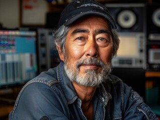 Wall Mural - Portrait of an Asian man with gray hair and beard wearing a black cap and blue shirt. AI.