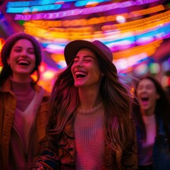 Wall Mural - Three young women are laughing and walking under colorful lights. AI.