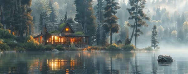 Wall Mural - Tranquil lakeside cabin surrounded by towering pine trees, 4K hyperrealistic photo