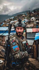 Poster - A soldier stands guard in a war-torn city. AI.