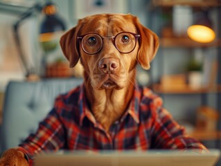 Wall Mural - A dog wearing glasses is sitting in an office chair and looking at the camera. AI.