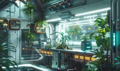 Poster - Futuristic indoor garden with plants and technology. AI.