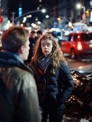 Sticker - A young woman looks on in shock as a car accident occurs in front of her. AI.