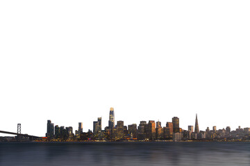 Wall Mural - San Francisco skyline during dusk on a clear background, showcasing the city's illuminated buildings as a design element