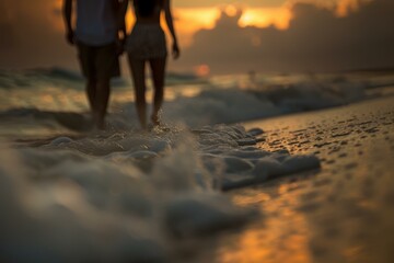 Wall Mural - A couple walking on the beach at sunset. AI.