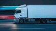© ktianngoen0128 - Moving delivery truck with holographic package data, seamless logistics concept, copy space, focus on objects, deep depth of field.