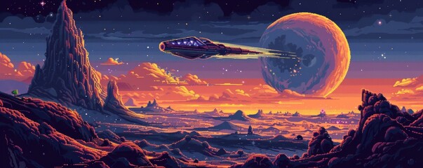 Wall Mural - a pixel art illustration of a spaceship exploring a distant planet.