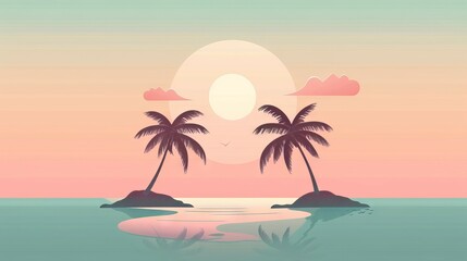 Wall Mural - Palm trees tropical sunset landscape. Tranquil beach scene featuring palm trees, a bright sunset, and tranquil waters.